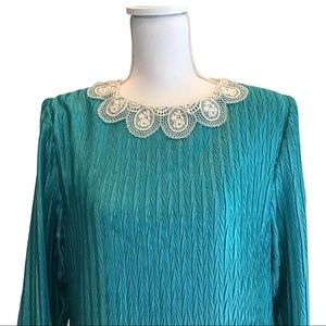 Ladies Handmade Teal Dress Lace Detail